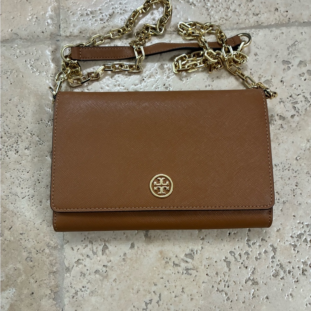 Tory Burch Brown Leather Crossbody with Gold Chain